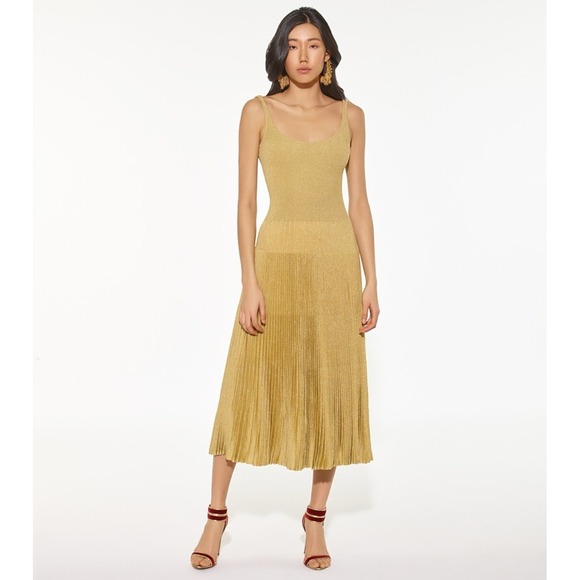 Ralph Lauren Purple Label Pleated Midi Sleeveless Cocktail Dress Gold Women's M